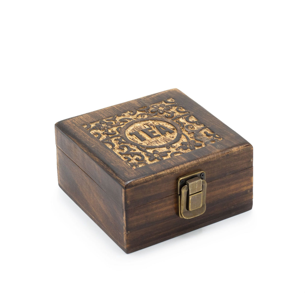 Carved mango wood tea box with 4 compartments and floral TEA lid