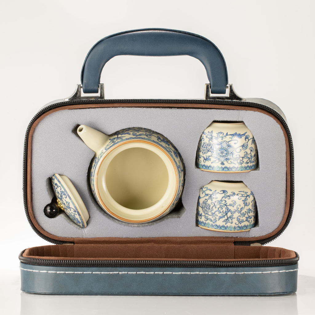 Ru Blue Tea Set for Two – Teapot & 2 Cups, Elegant Glazed Travel Tea Set