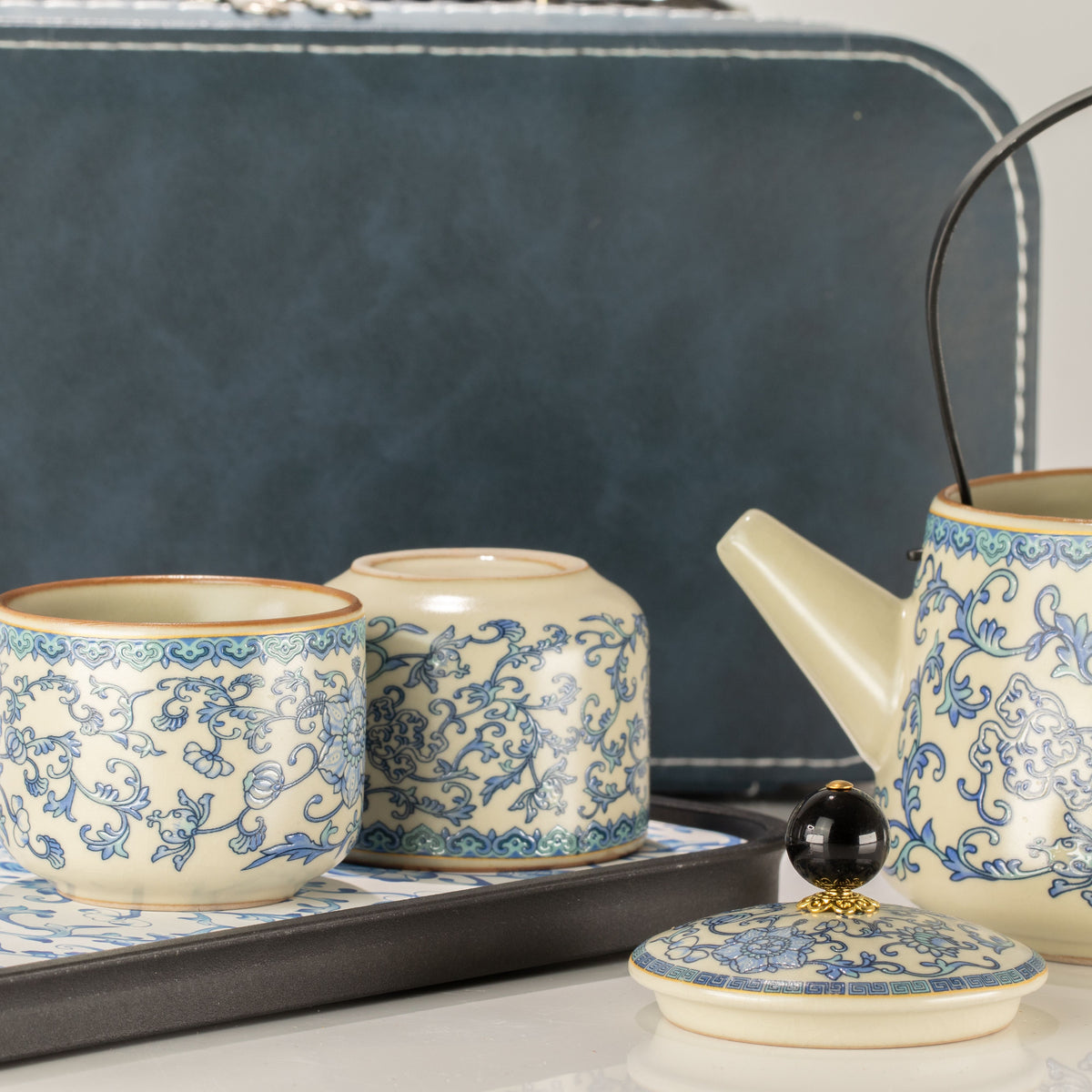 Ru Blue Tea Set for Two – Teapot & 2 Cups, Elegant Glazed Travel Tea Set