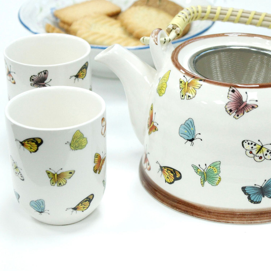 Butterfly Tea Set – Teapot & 6 Cups, 650ml Ceramic Teapot with Strainer, Gift Boxed