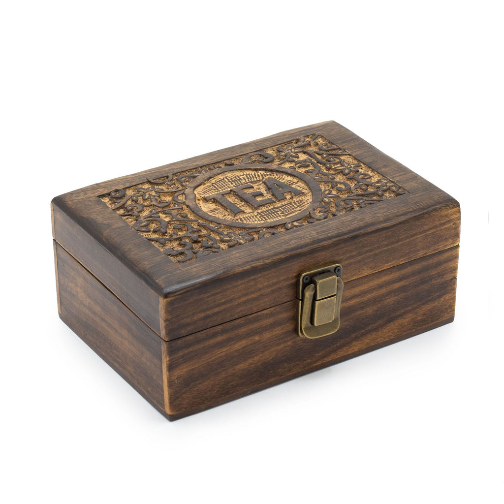 Carved mango wood tea box with 6 compartments and floral TEA lid