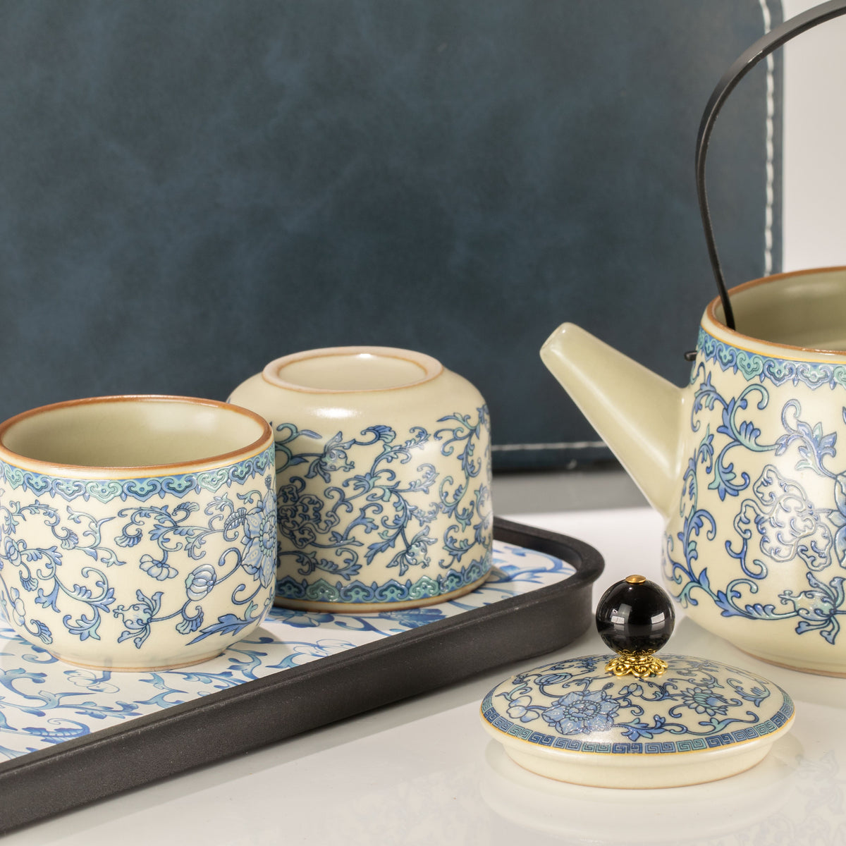 Ru Blue Tea Set for Two – Teapot & 2 Cups, Elegant Glazed Travel Tea Set