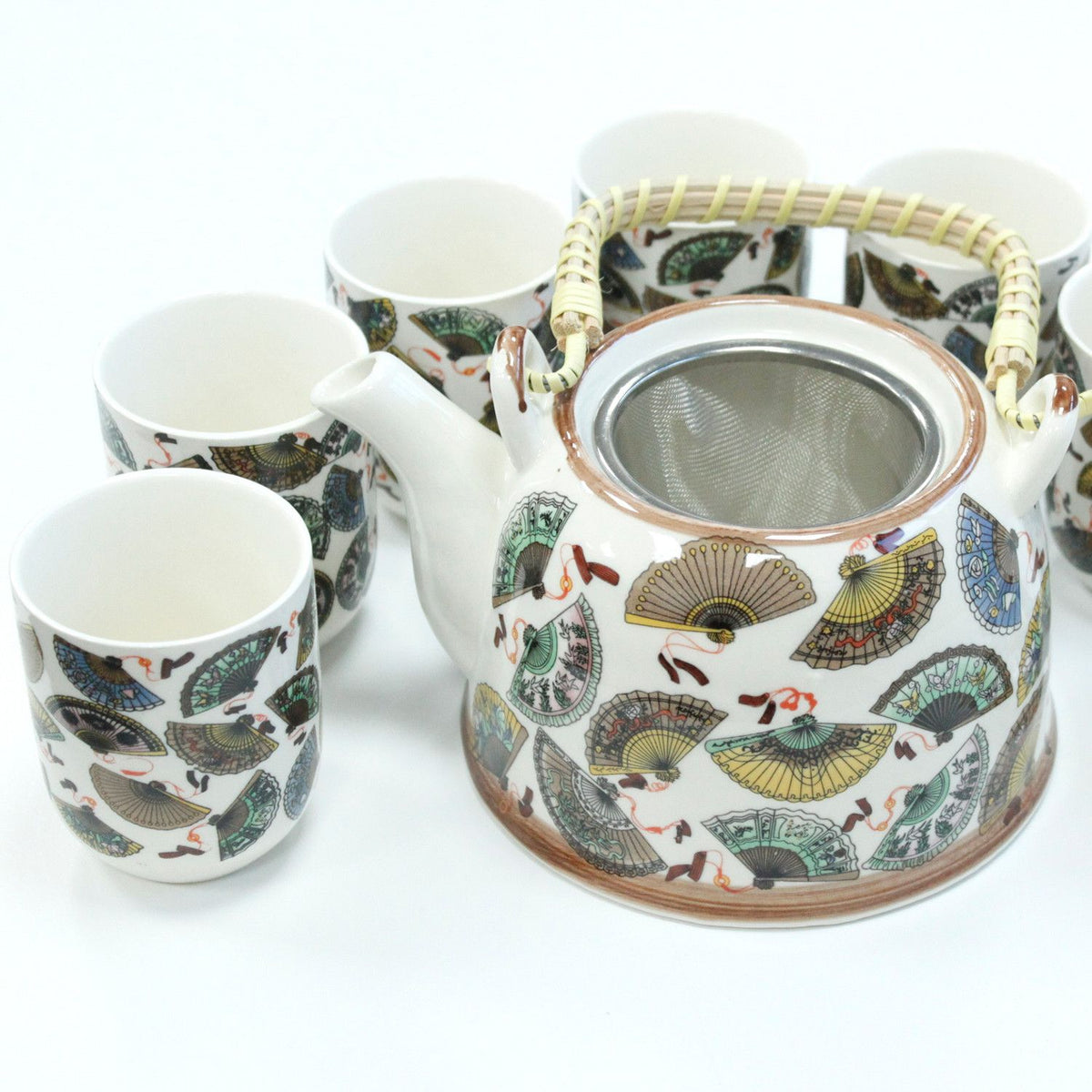 China Fans Tea Set – Teapot & 6 Cups, 650ml Ceramic Teapot with Strainer, Gift Boxed