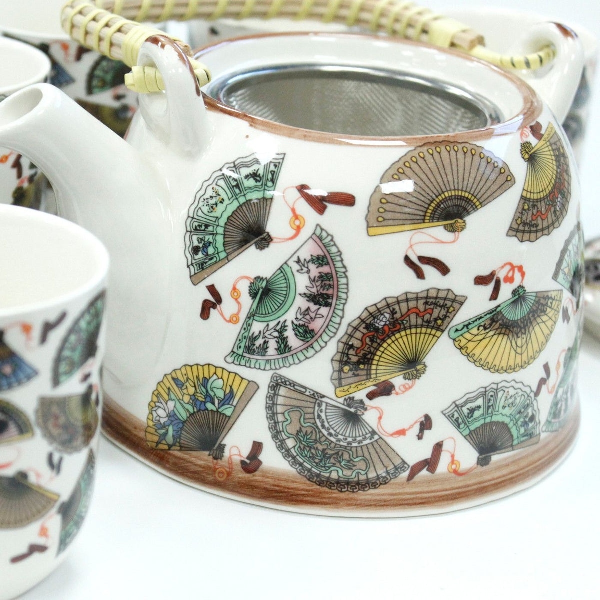 China Fans Tea Set – Teapot & 6 Cups, 650ml Ceramic Teapot with Strainer, Gift Boxed