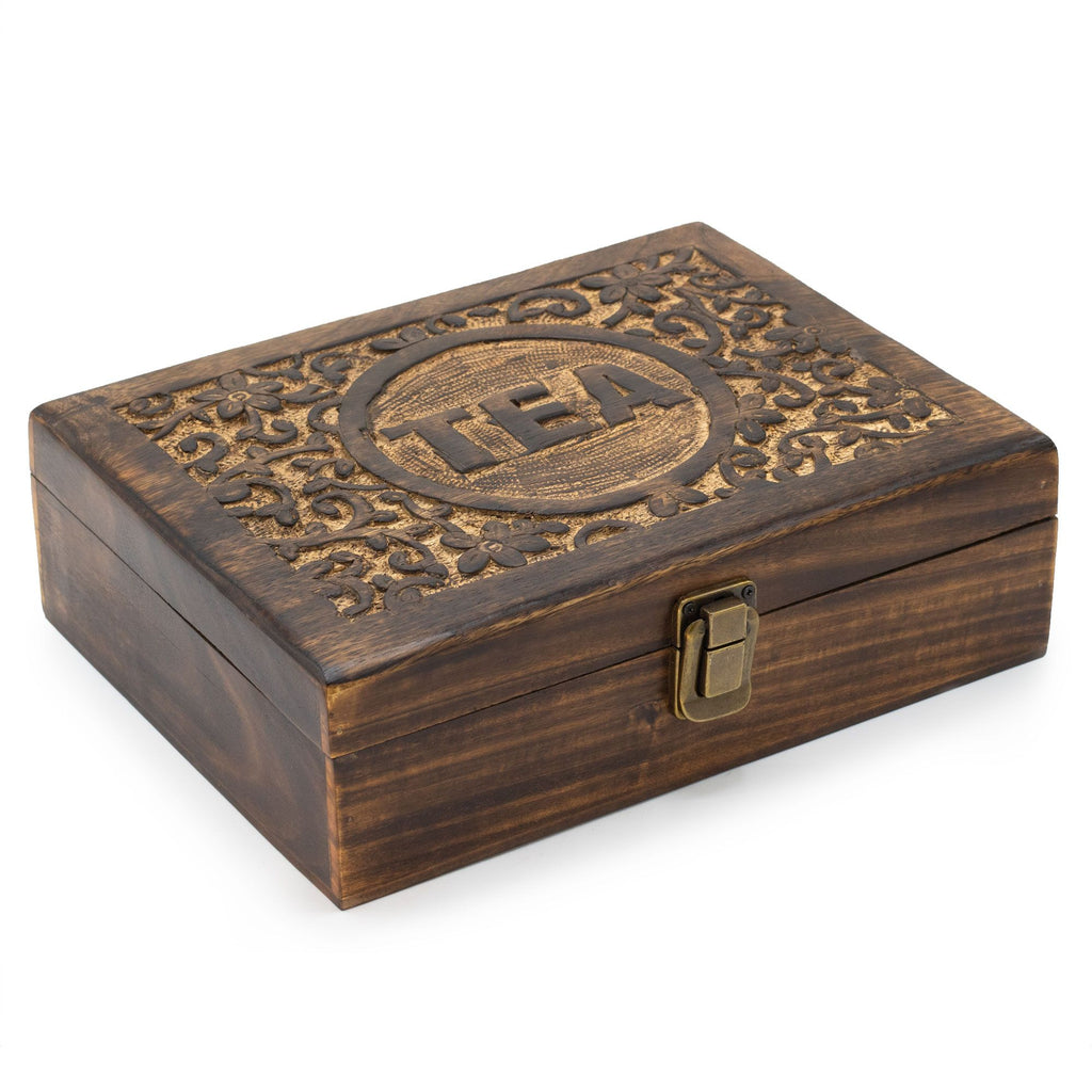 Large carved mango wood tea box with 12 compartments and floral TEA lid
