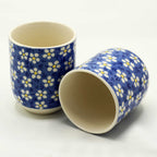 Blue Daisy Tea Cups – Set of 6 Handleless Ceramic Floral Tea Cups