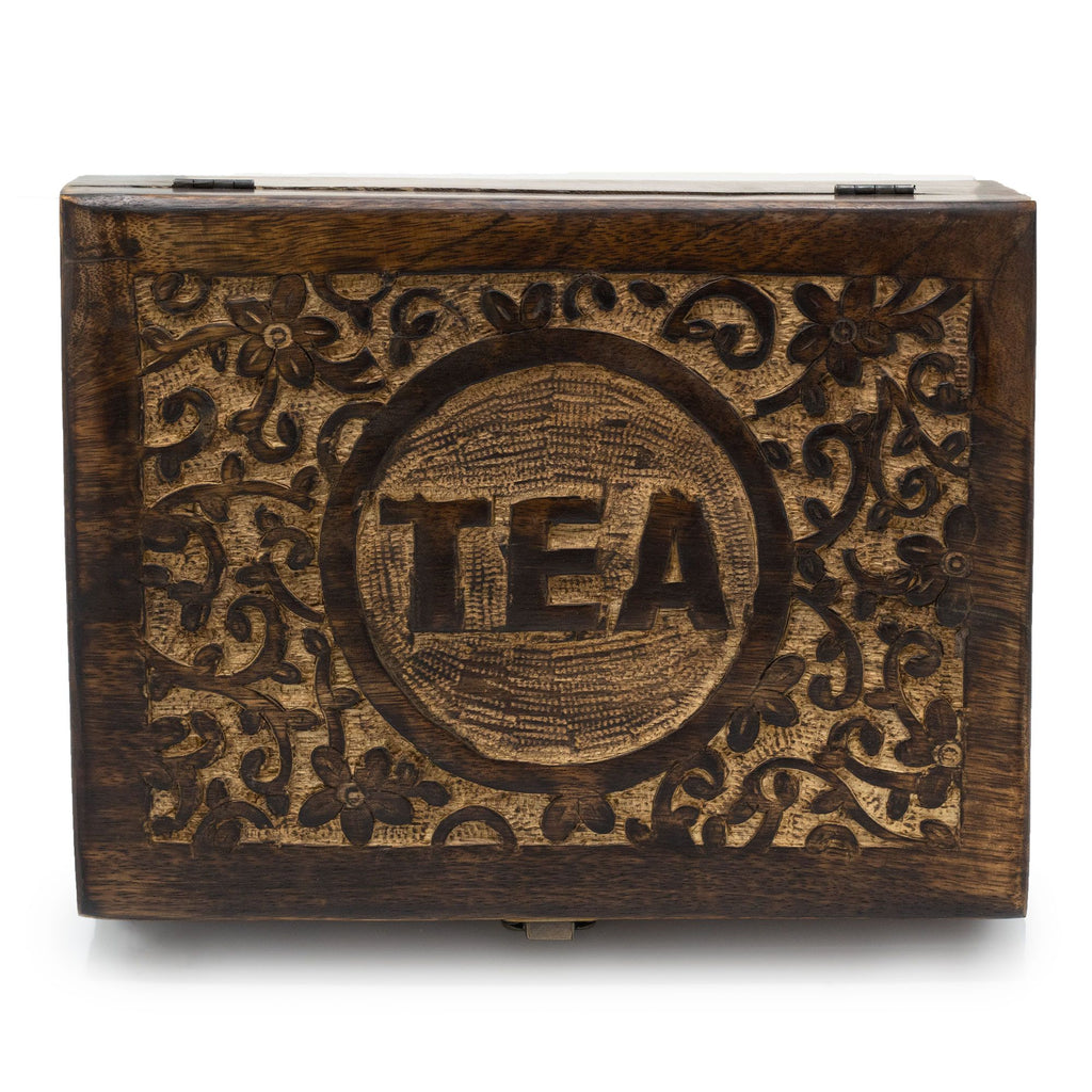 Large carved wooden tea box with brass clasp