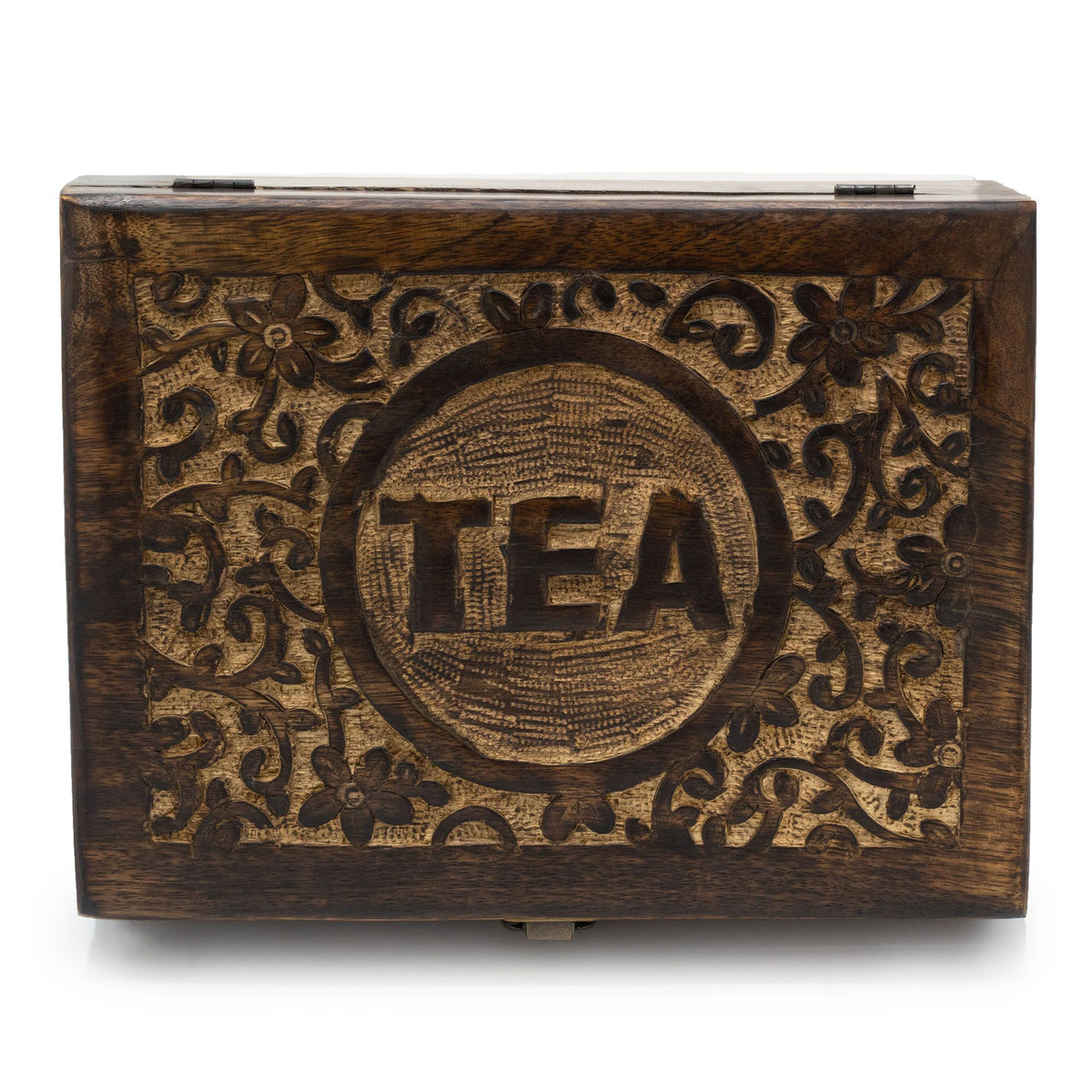 Large carved wooden tea box with brass clasp
