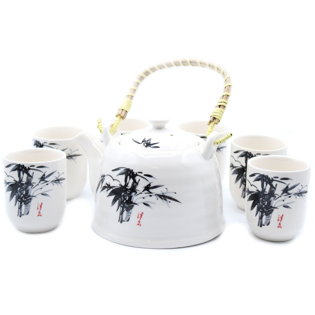 White Stone Tea Set – Teapot & 6 Cups, 650ml Ceramic Teapot with Strainer, Gift Boxed