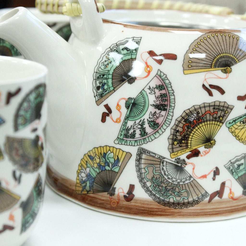 China Fans Tea Set – Teapot & 6 Cups, 650ml Ceramic Teapot with Strainer, Gift Boxed