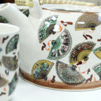 China Fans Tea Set – Teapot & 6 Cups, 650ml Ceramic Teapot with Strainer, Gift Boxed