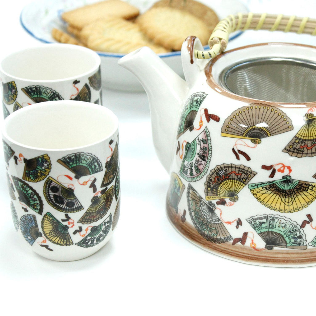 China Fans Tea Set – Teapot & 6 Cups, 650ml Ceramic Teapot with Strainer, Gift Boxed