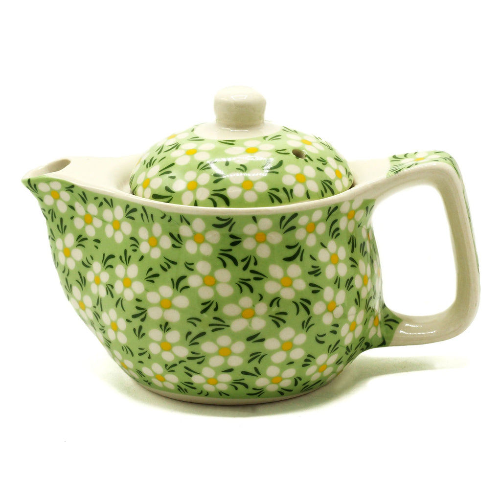 Green Daisy Teapot for One – Small Ceramic Floral Teapot with Strainer, 350ml