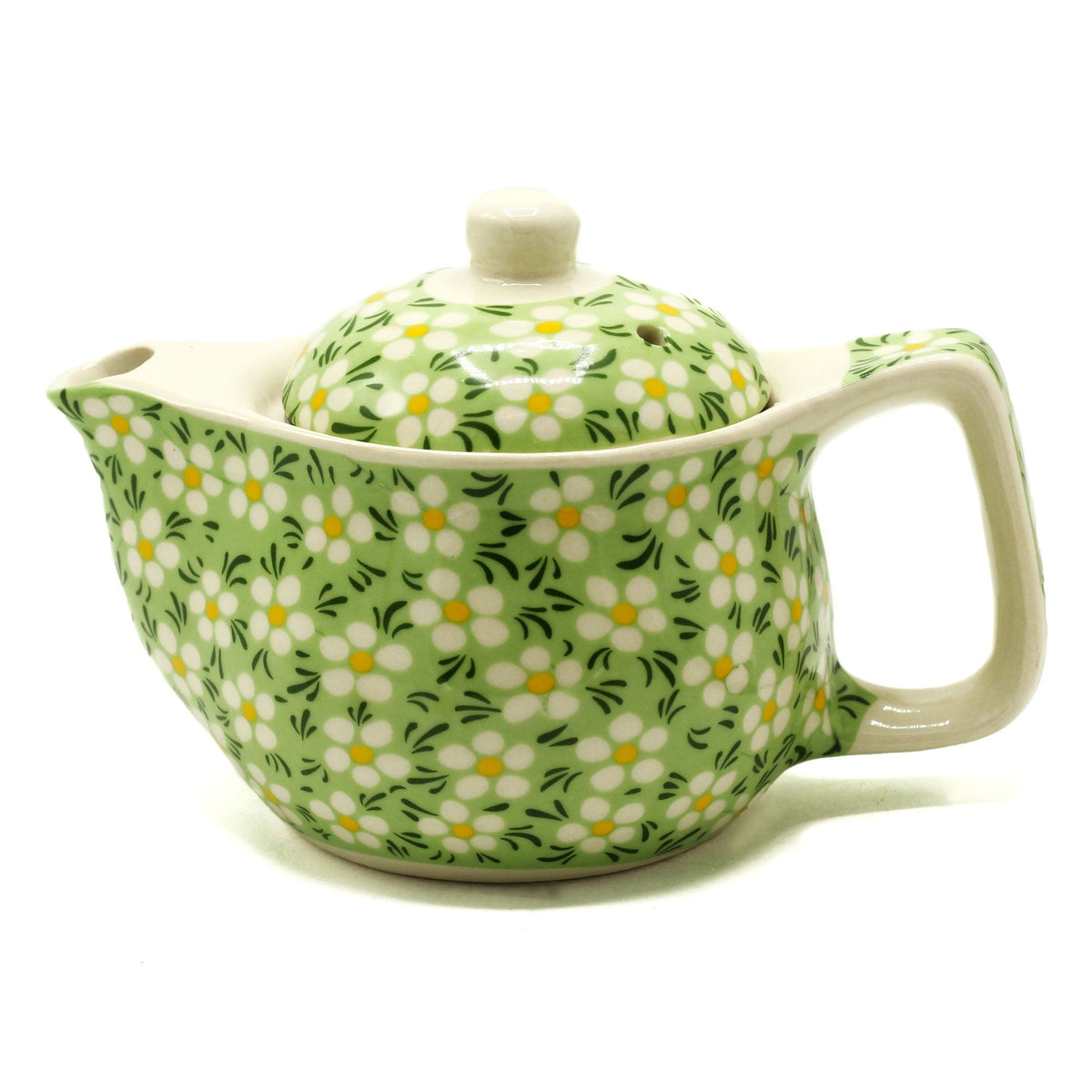 Green Daisy Teapot for One – Small Ceramic Floral Teapot with Strainer, 350ml