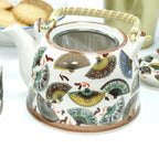 China Fans Tea Set – Teapot & 6 Cups, 650ml Ceramic Teapot with Strainer, Gift Boxed