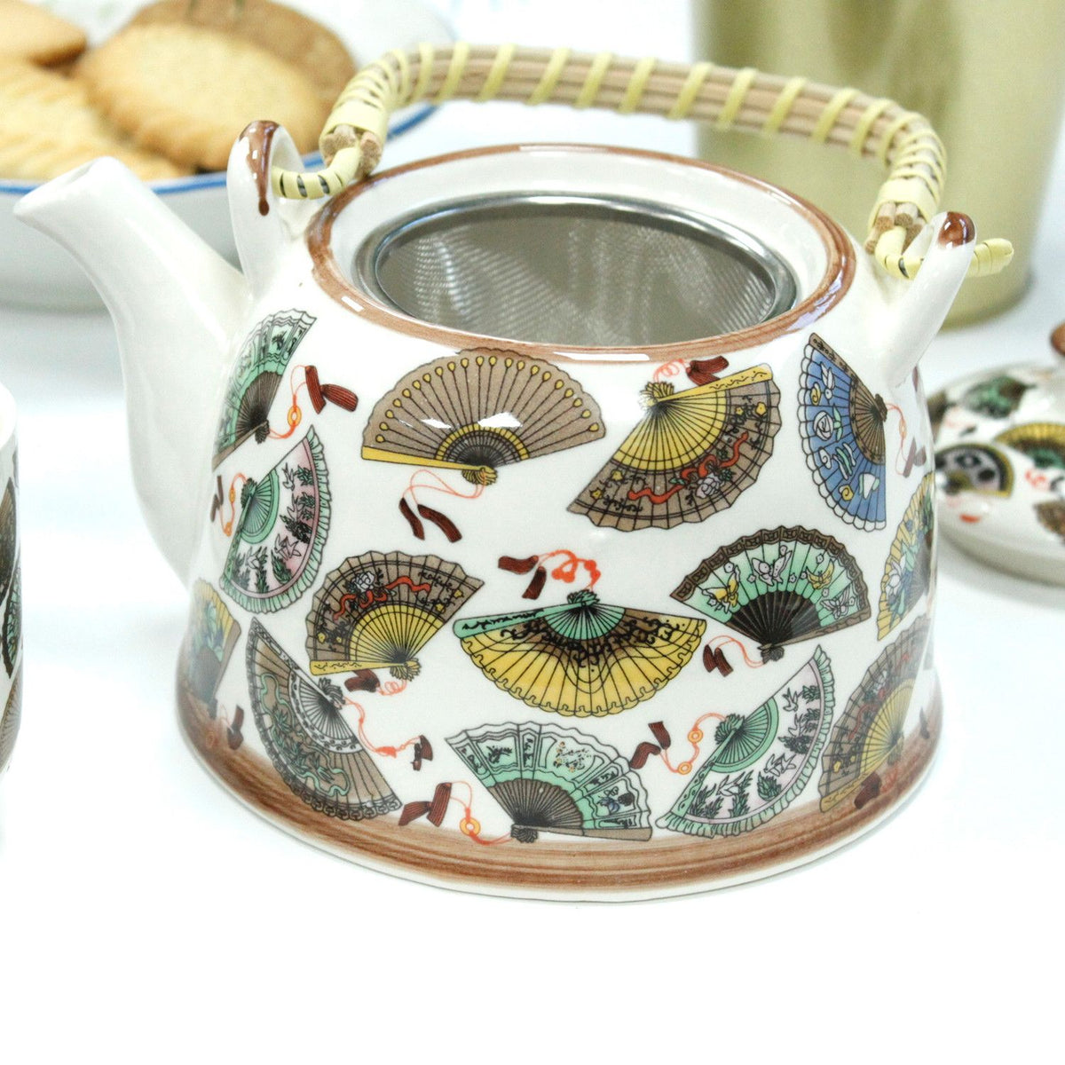 China Fans Tea Set – Teapot & 6 Cups, 650ml Ceramic Teapot with Strainer, Gift Boxed