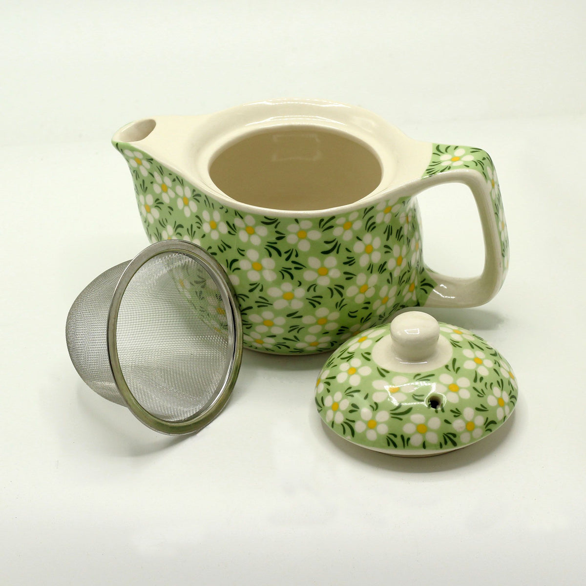 Green Daisy Teapot for One – Small Ceramic Floral Teapot with Strainer, 350ml