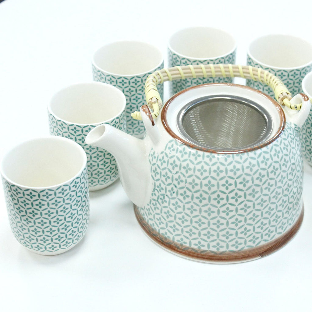 Green Mosaic Tea Set – Teapot & 6 Cups, 650ml Ceramic Teapot with Strainer, Gift Boxed