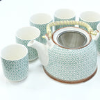 Green Mosaic Tea Set – Teapot & 6 Cups, 650ml Ceramic Teapot with Strainer, Gift Boxed