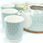 Green Mosaic Tea Set – Teapot & 6 Cups, 650ml Ceramic Teapot with Strainer, Gift Boxed