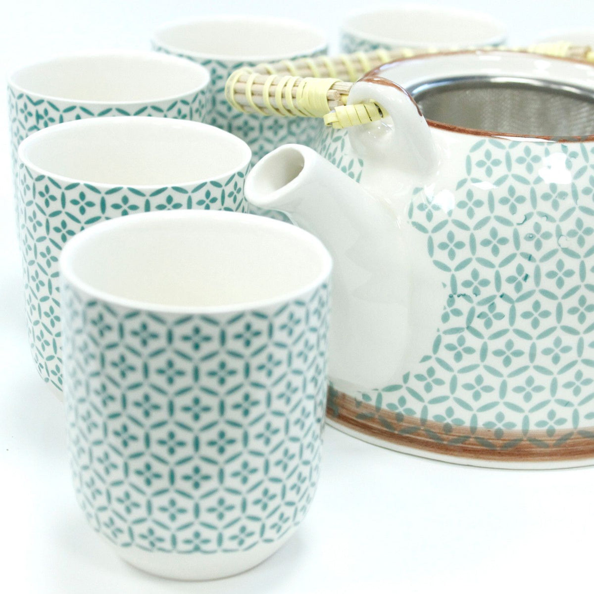 Green Mosaic Tea Set – Teapot & 6 Cups, 650ml Ceramic Teapot with Strainer, Gift Boxed