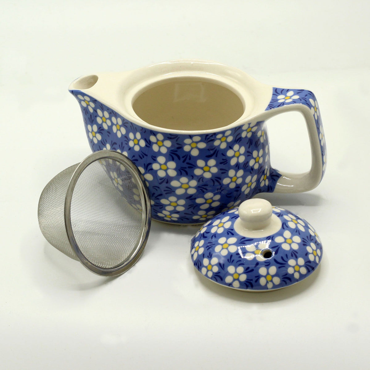 Blue Daisy Teapot for One – Small Ceramic Floral Teapot with Strainer, 350ml