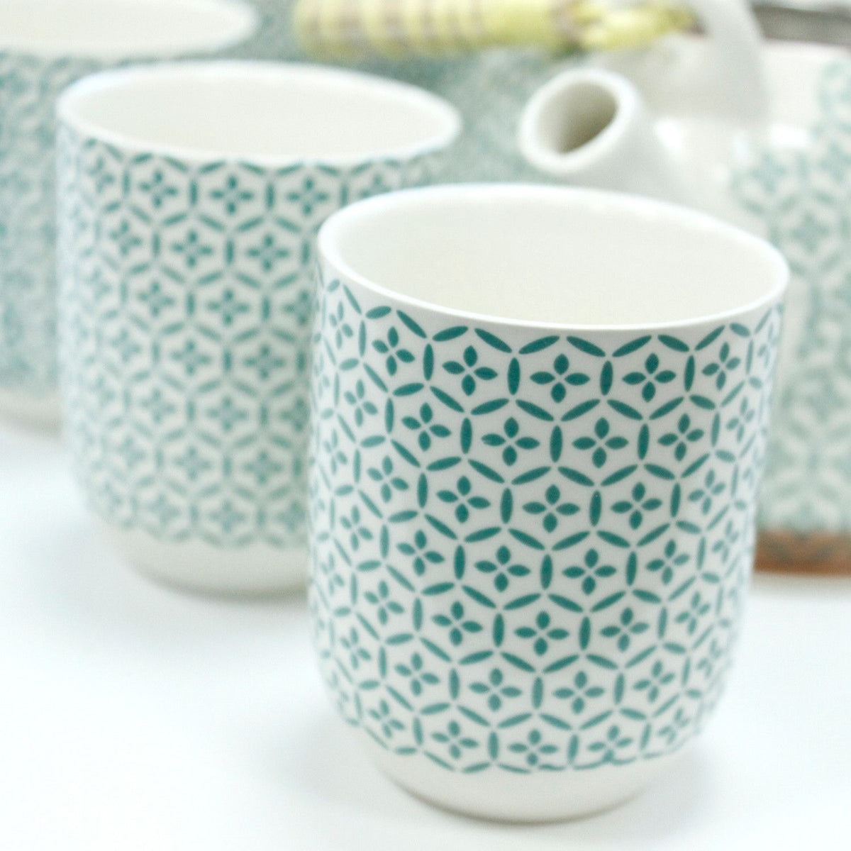 Green Mosaic Tea Set – Teapot & 6 Cups, 650ml Ceramic Teapot with Strainer, Gift Boxed