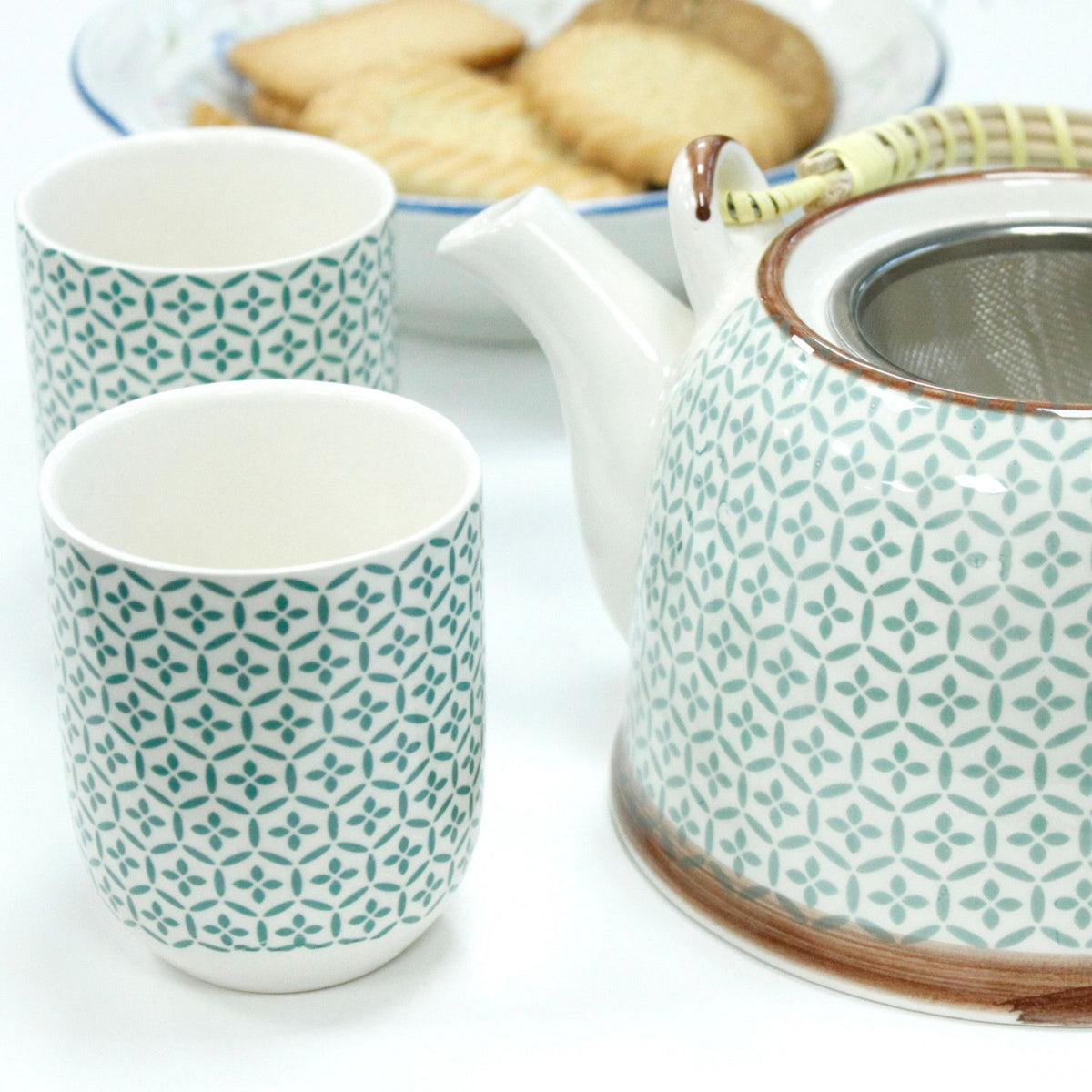 Green Mosaic Tea Set – Teapot & 6 Cups, 650ml Ceramic Teapot with Strainer, Gift Boxed