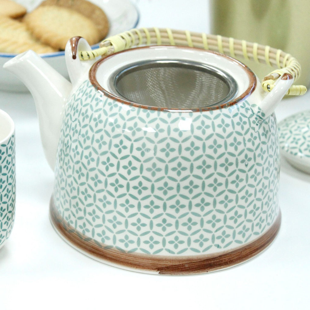 Green Mosaic Tea Set – Teapot & 6 Cups, 650ml Ceramic Teapot with Strainer, Gift Boxed