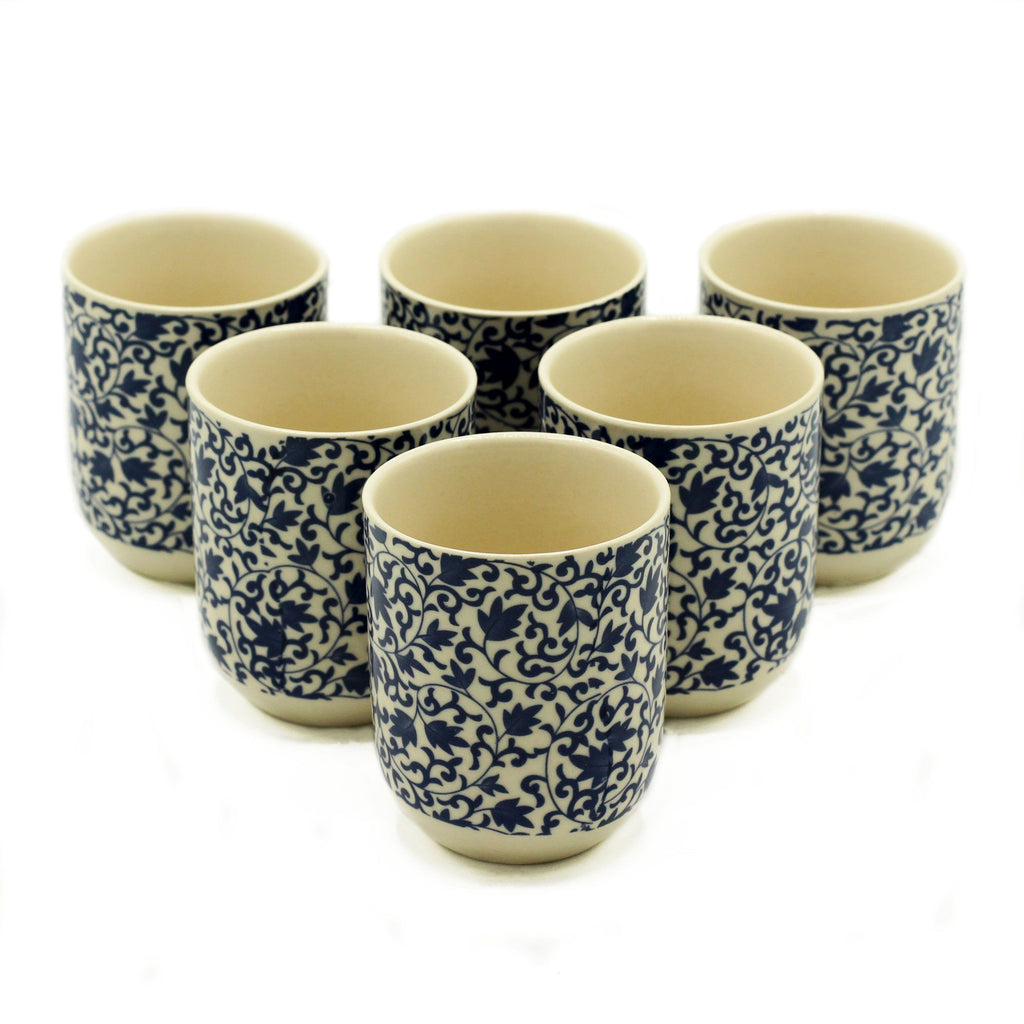 Blue Patterned Tea Cups – Set of 6 Handleless Ceramic Tea Cups