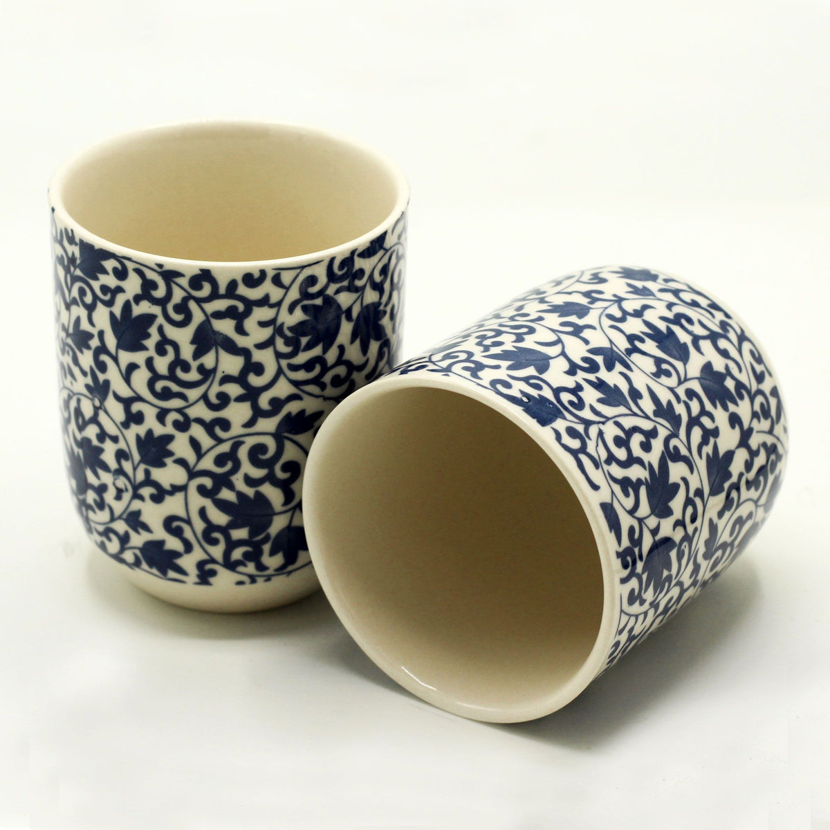 Blue Patterned Tea Cups – Set of 6 Handleless Ceramic Tea Cups