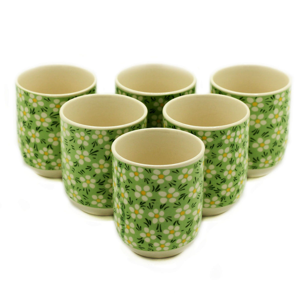Green Daisy Tea Cups – Set of 6 Handleless Ceramic Floral Tea Cups