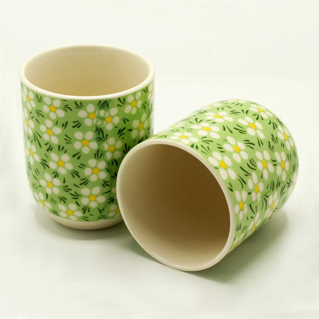 Green Daisy Tea Cups – Set of 6 Handleless Ceramic Floral Tea Cups