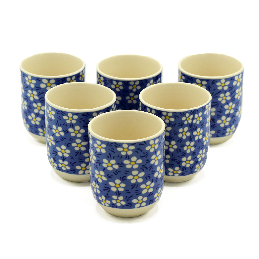 Blue Daisy Tea Cups – Set of 6 Handleless Ceramic Floral Tea Cups