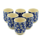 Blue Daisy Tea Cups – Set of 6 Handleless Ceramic Floral Tea Cups