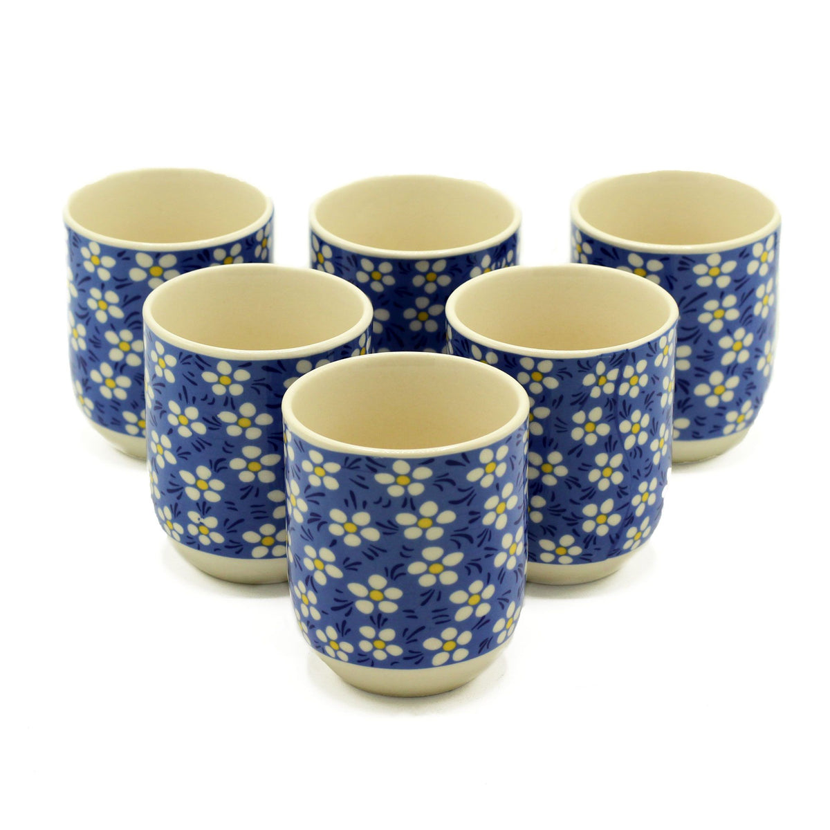 Blue Daisy Tea Cups – Set of 6 Handleless Ceramic Floral Tea Cups